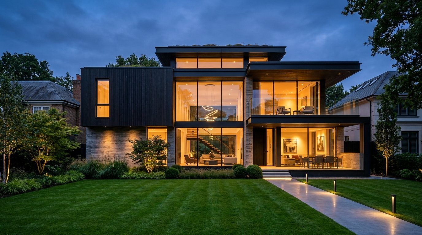 Contemporary architectural residential home with warm twilight interior lighting