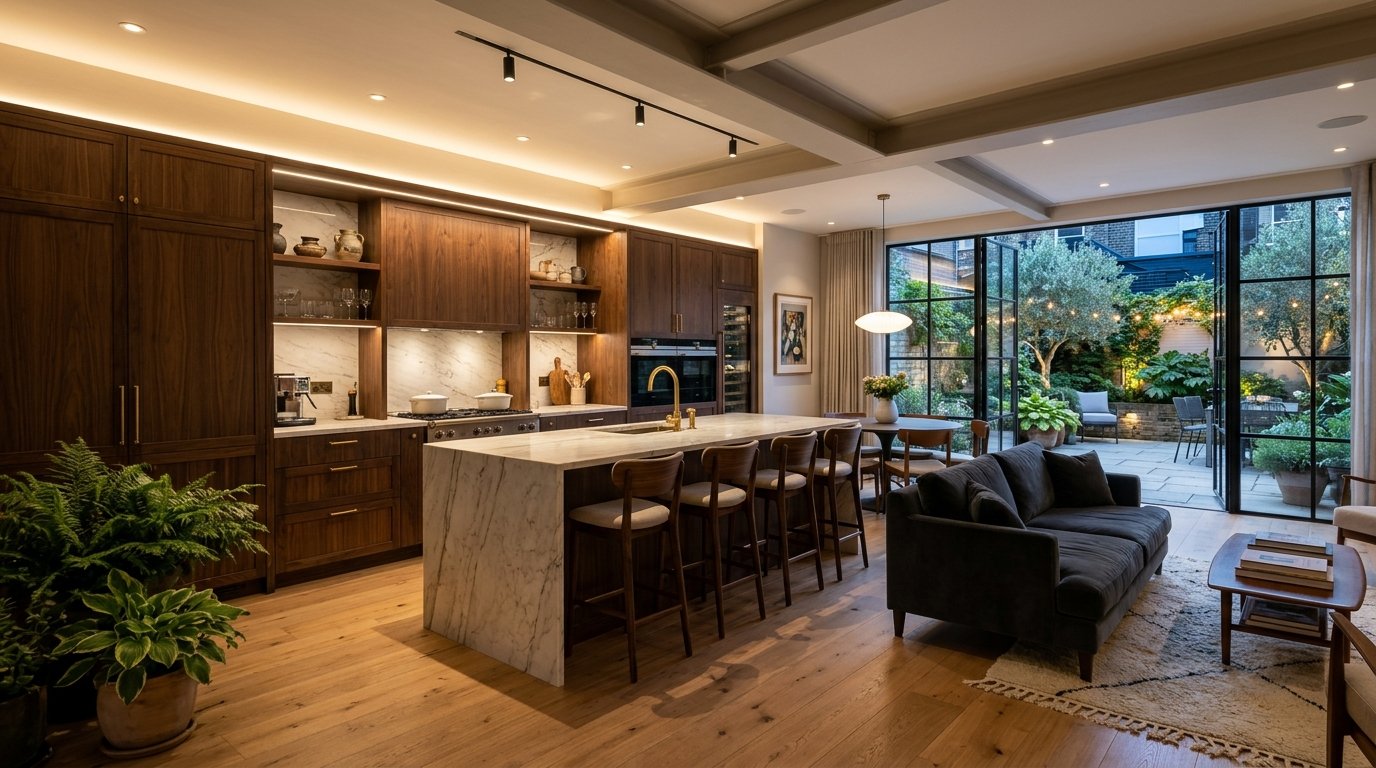 Contemporary open-plan kitchen and living renovation in London