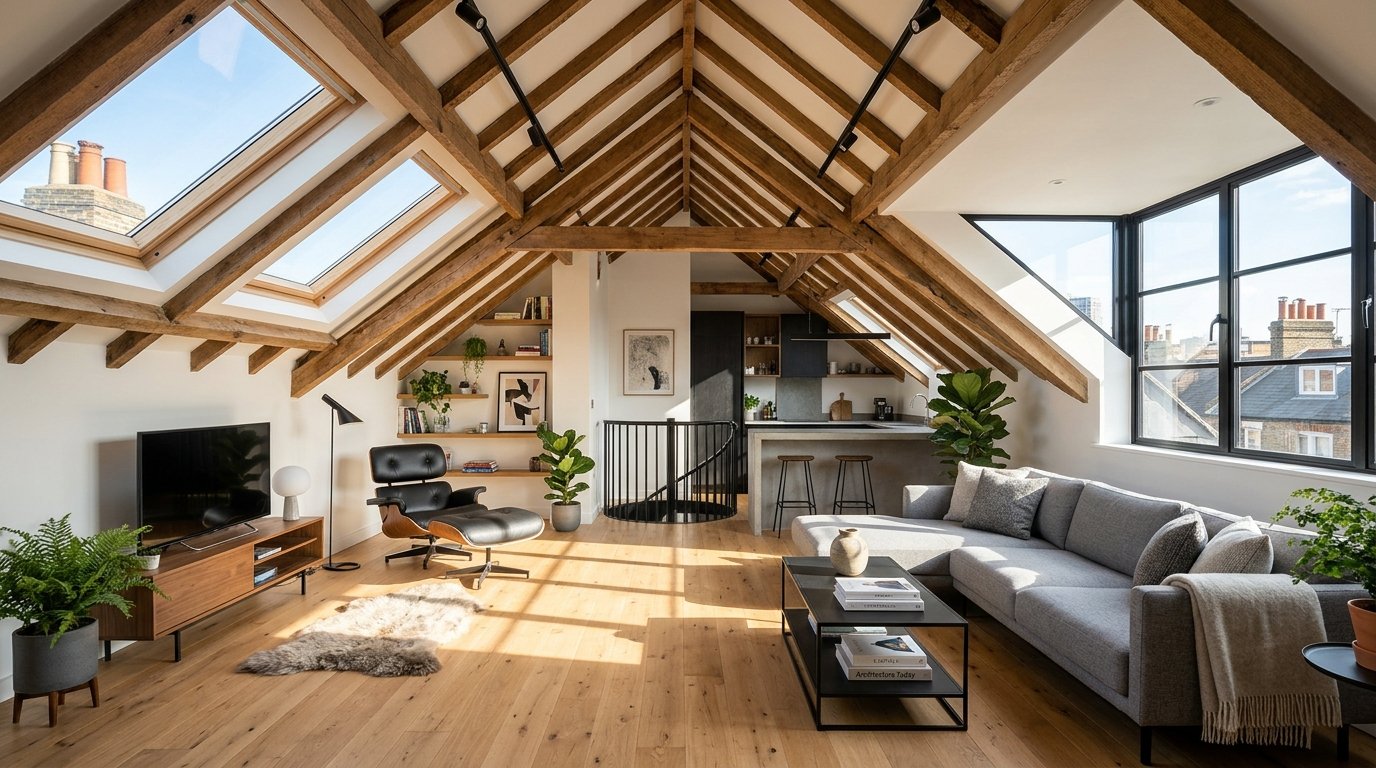 High-spec modern loft conversion with skylights and exposed timber