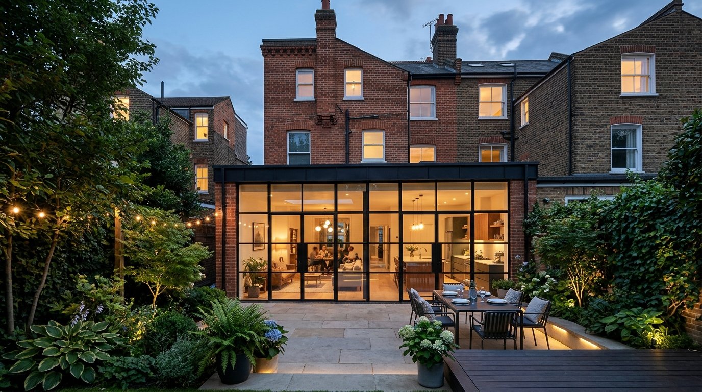 Modern London glass rear extension at twilight